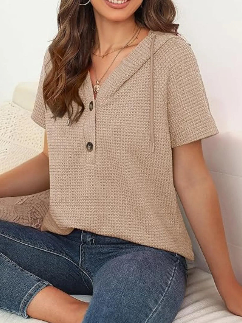 Drawstring Waffle-knit Short Sleeve Hooded Top (18)