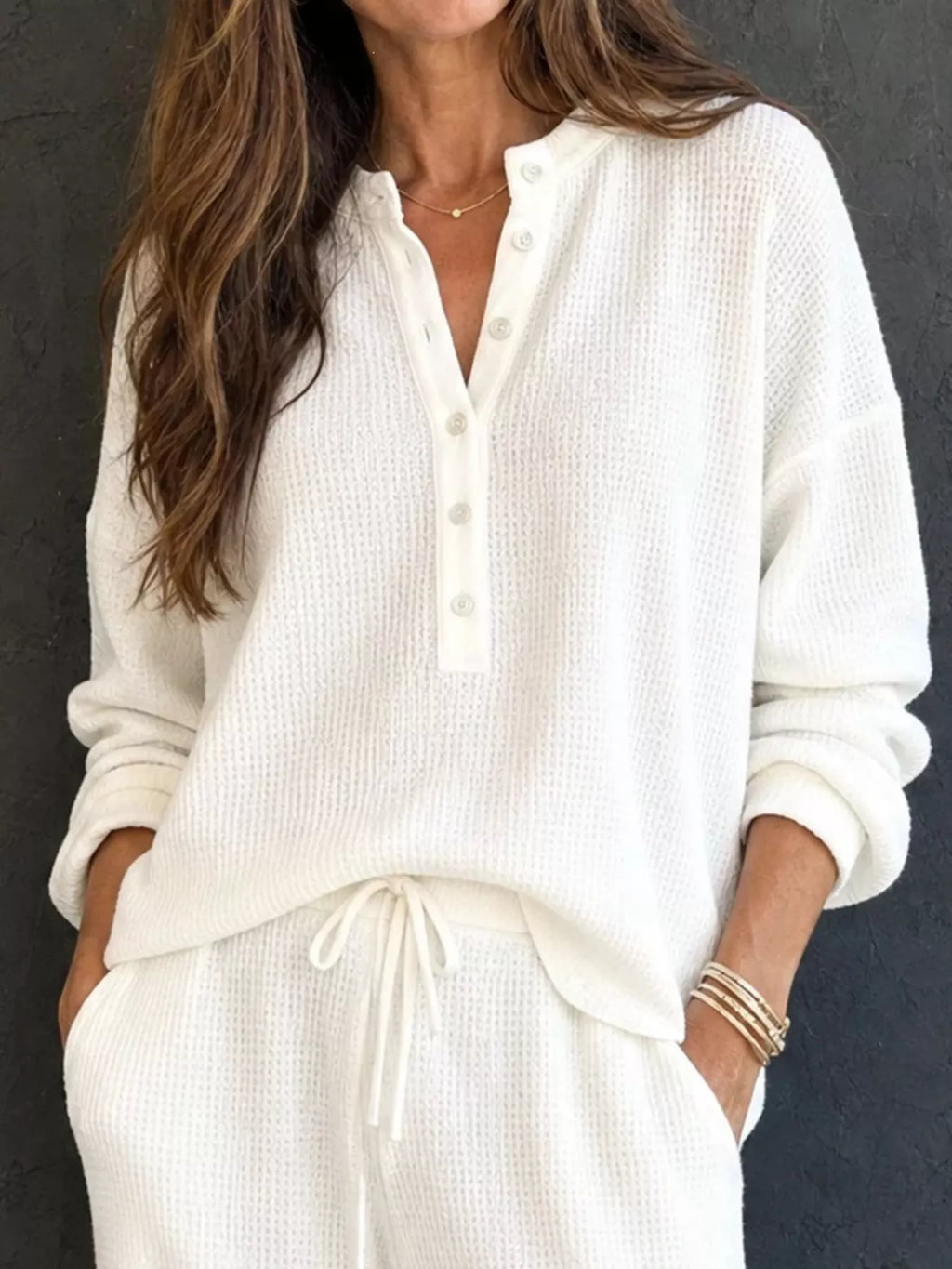 Waffle Knit Henley Top Wide Leg Pants Set (2)