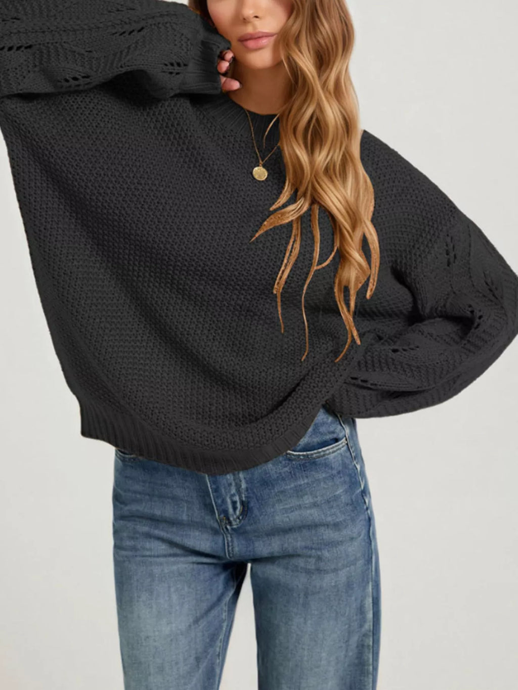 Textured Knit Openwork Dropped Shoulder Sweater (8)