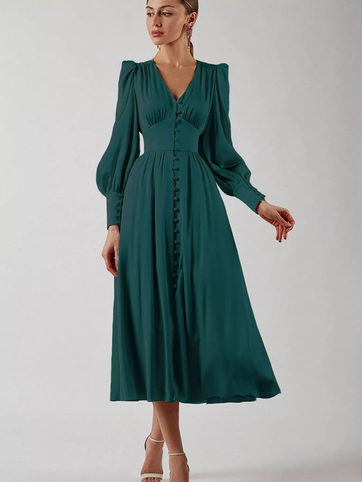 Elegant V-neck Puff Sleeve Button-down Midi Dress (29)