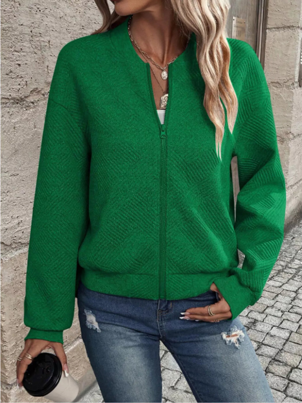 Textured Knit Zip-up Bomber Jacket (10)