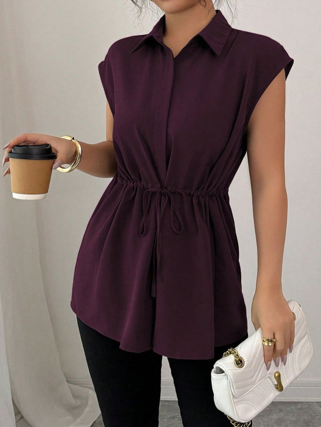 Drawstring Waist Cap Sleeve Shirt (18)
