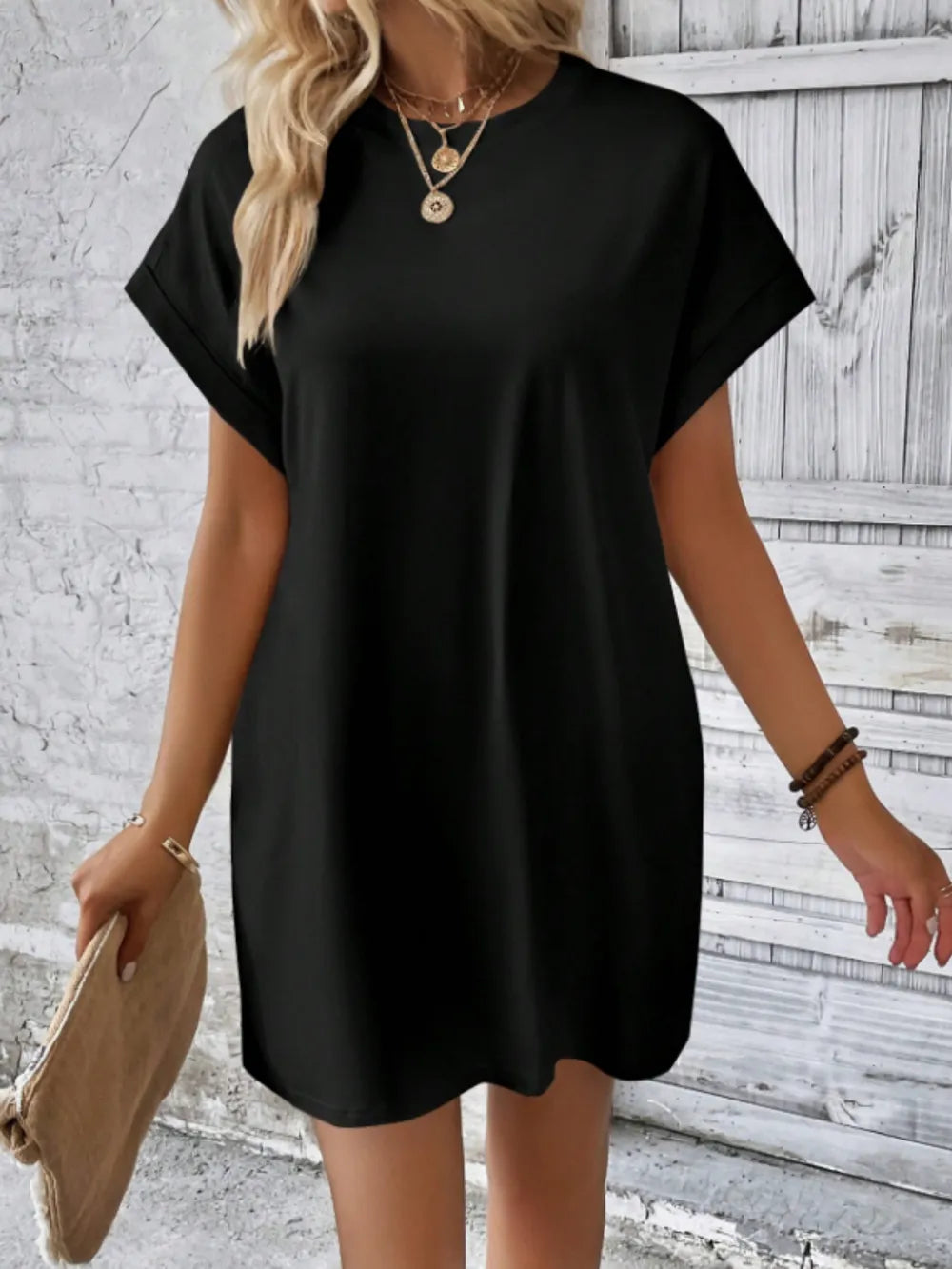 Round Neck Short Sleeve Mini Tee Dress Pockets (14)