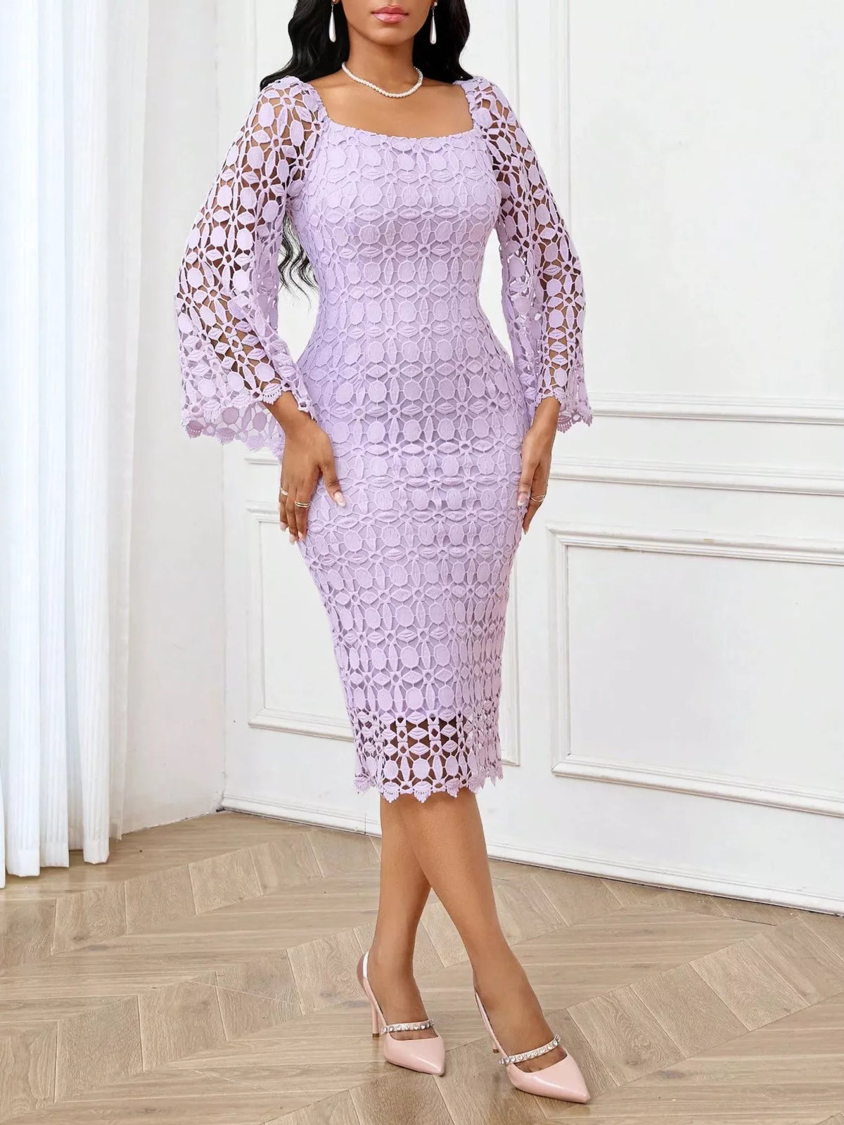 Lace Square Neck Midi Dress (6)