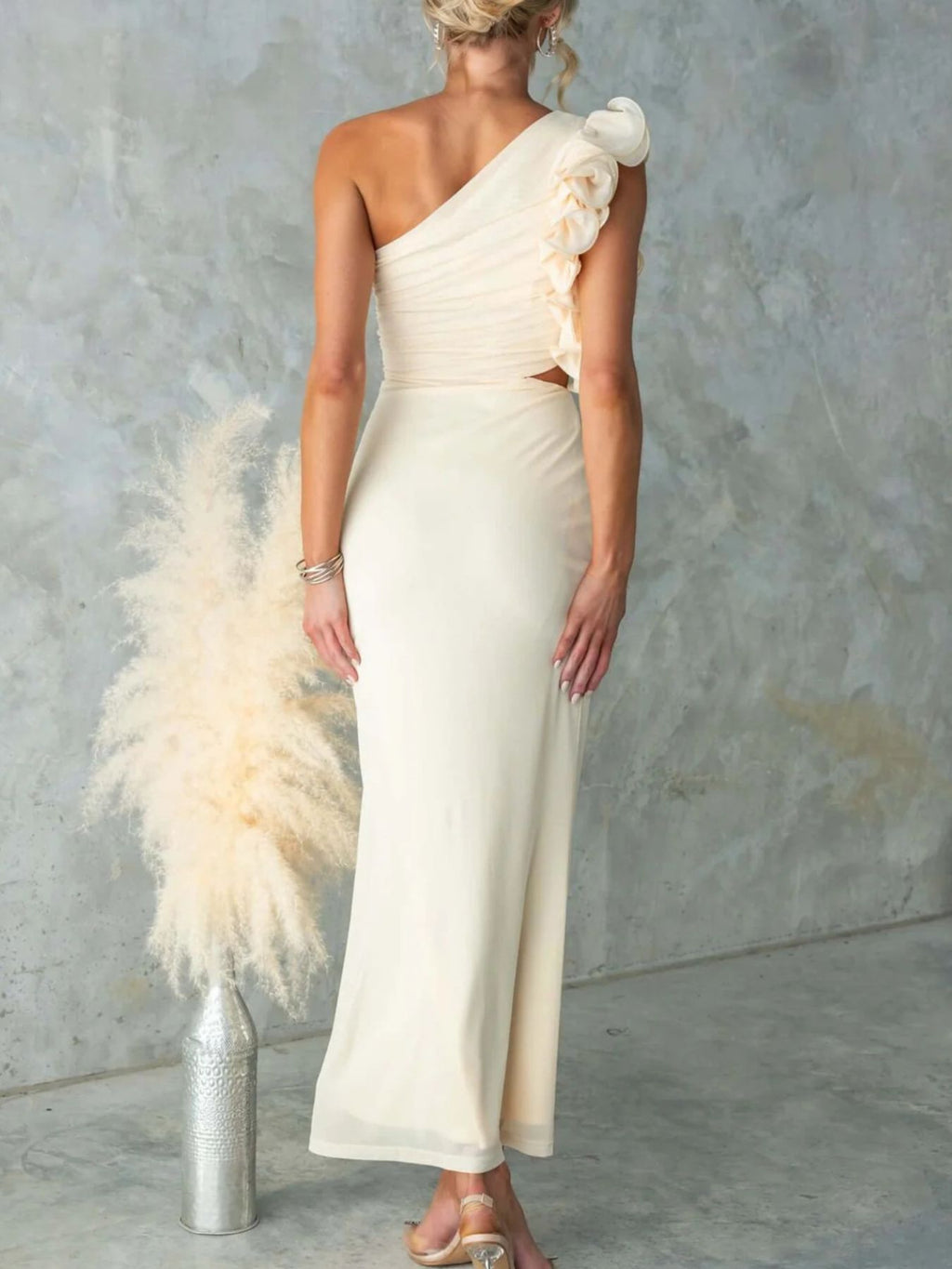 One-shoulder Floral Trim Sleeveless Maxi Dress (4)