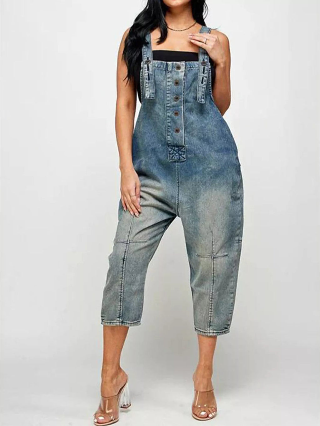 Full Size Button Front Denim Overalls Pockets Plus