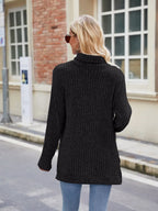 Ribbed Turtleneck Long Sleeve Slit Knit Top (10)