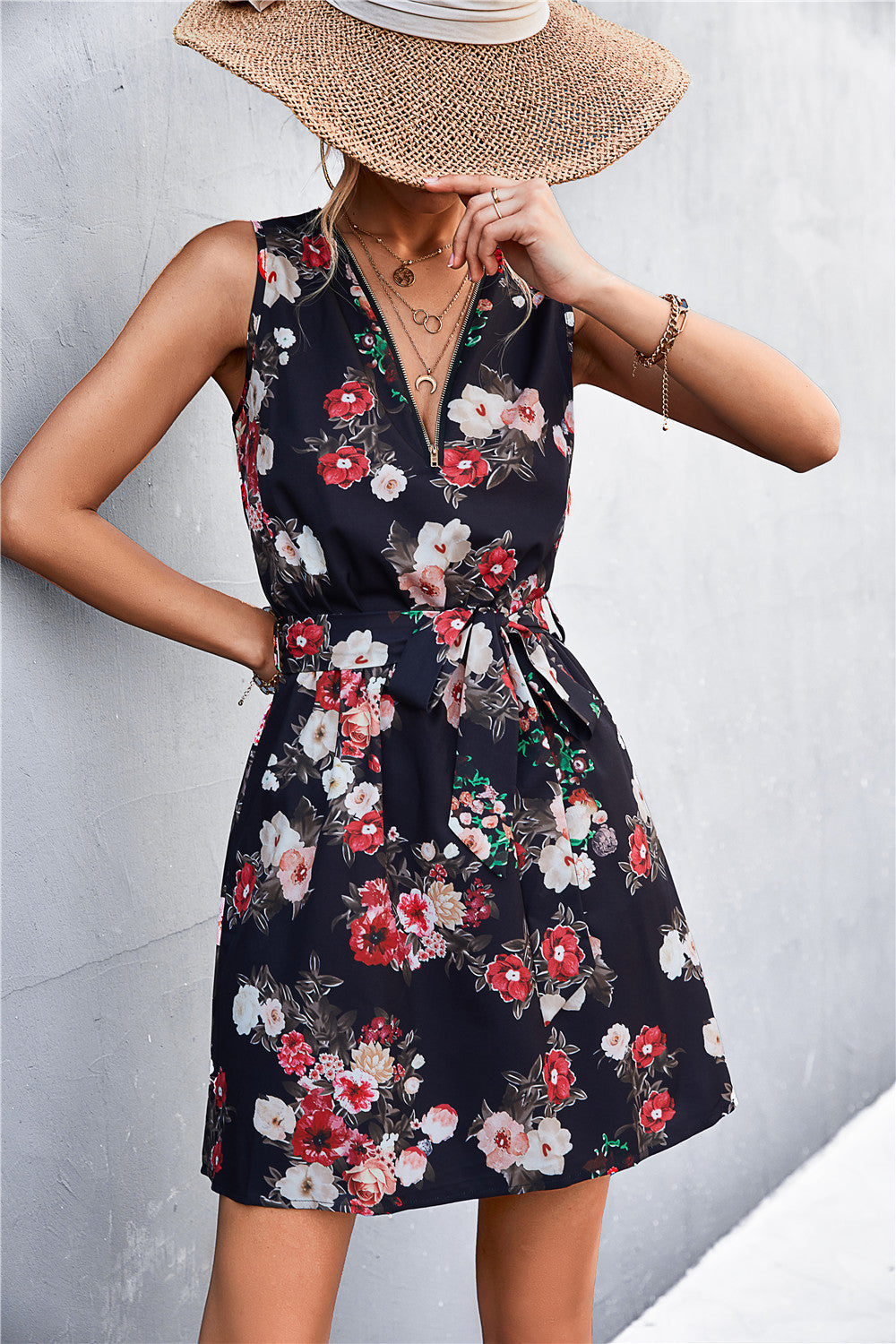 Printed Zip Detail Belted Sleeveless Dress (3)