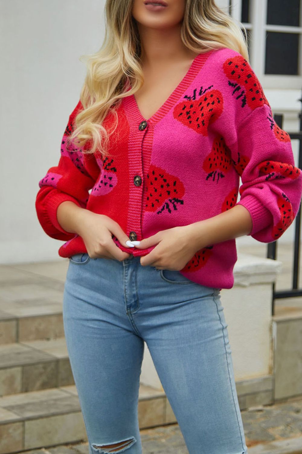 Printed V-neck Button-down Long Sleeve Cardigan (3)