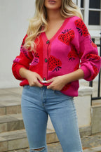 Printed V-neck Button-down Long Sleeve Cardigan (3)
