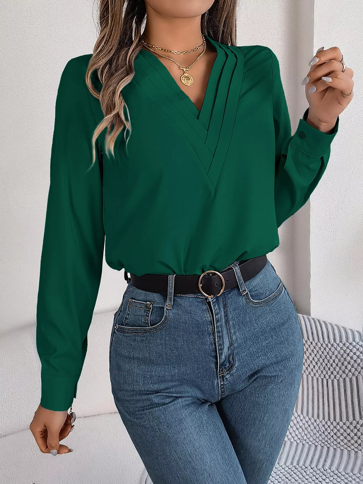 Layered V-neck Long Sleeve Blouse (22)