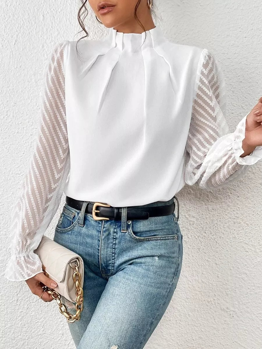 Mock Neck Sheer Lace Sleeve Blouse (2)