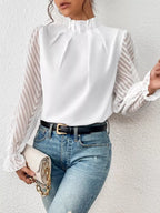 Mock Neck Sheer Lace Sleeve Blouse (2)