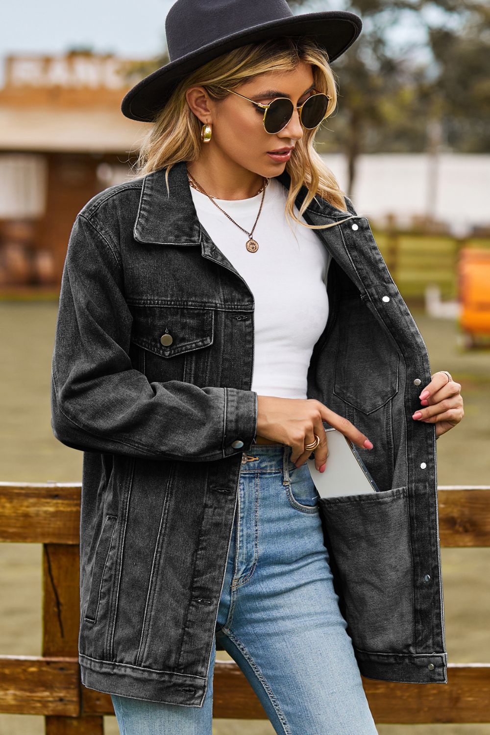 Buttoned Collared Neck Denim Jacket Pockets (7)