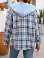 Plaid Button-up Hooded Shirt Chest Pocket (10)