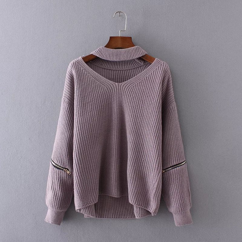 Neck V-neck Zipper Sleeve Pullover variant CJNSSYMY01379-Purple