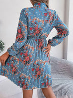 Pleated Printed Tie Neck Long Sleeve Dress (15)