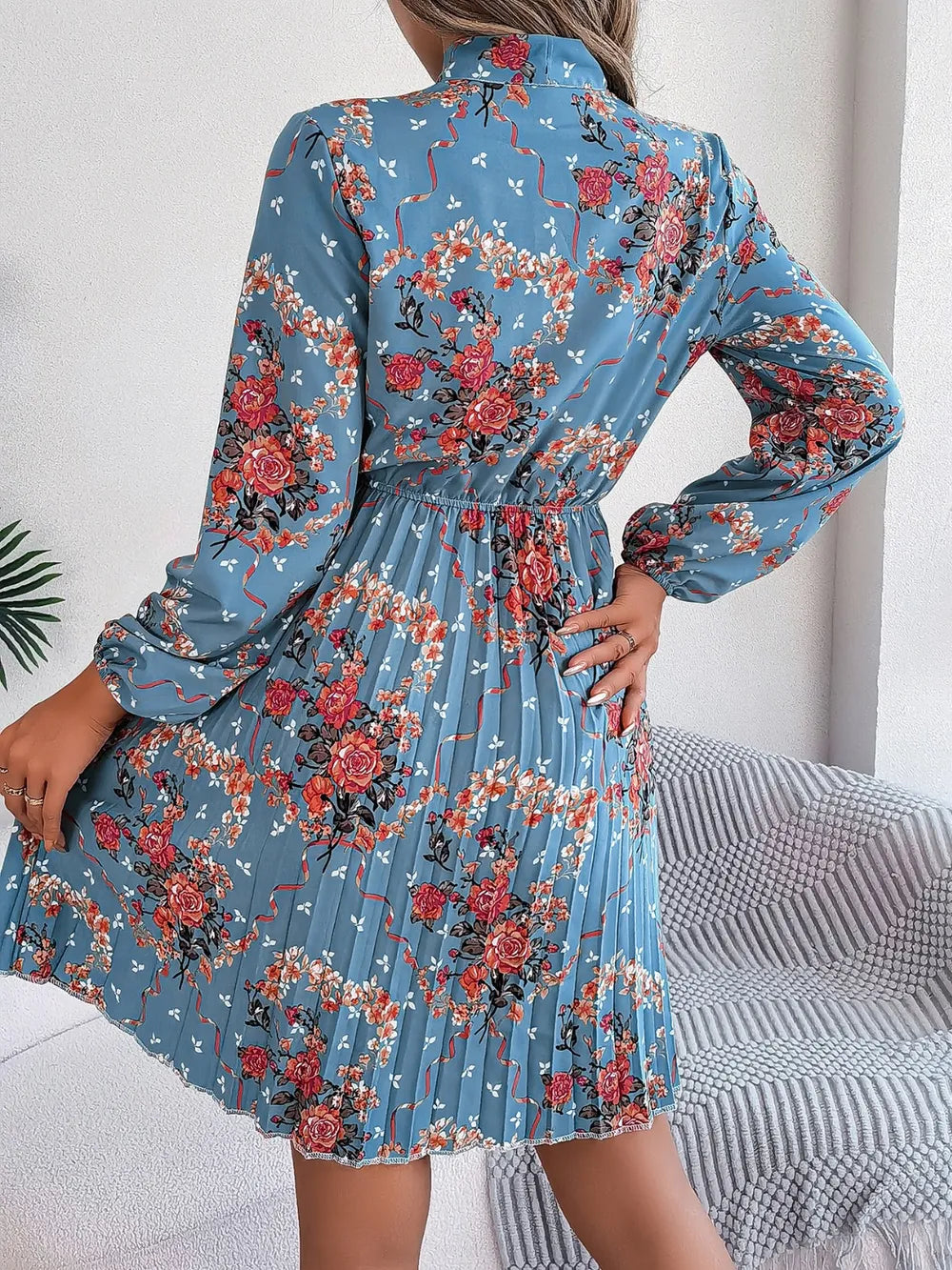 Pleated Printed Tie Neck Long Sleeve Dress (15)