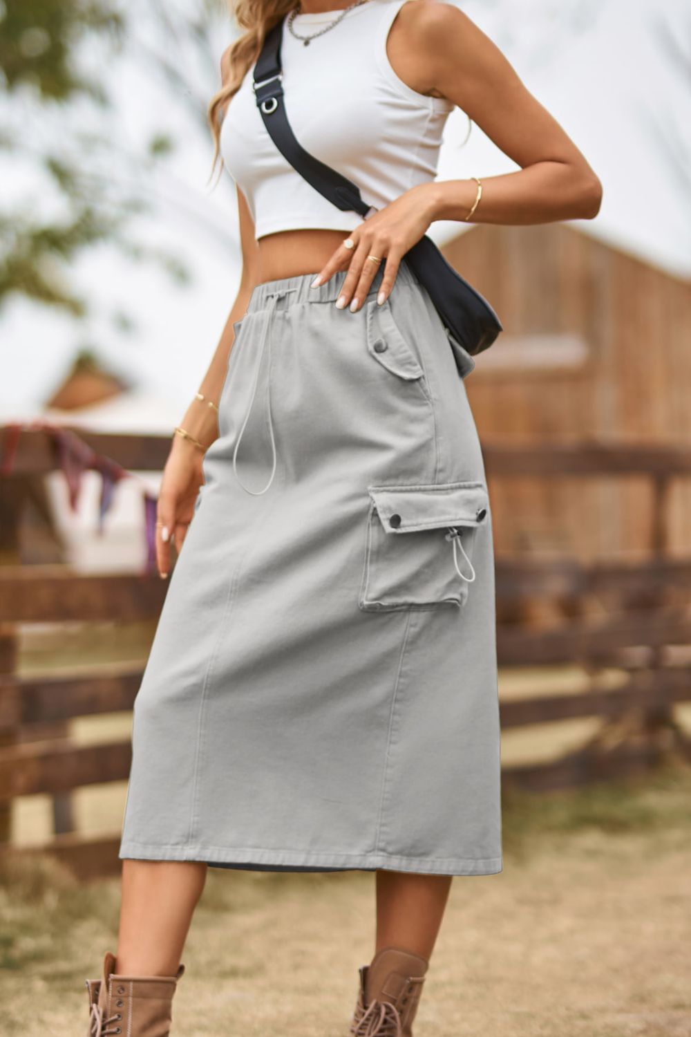 Drawstring Waist Slit Denim Skirt (20)