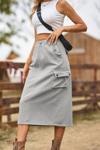 Drawstring Waist Slit Denim Skirt (20)