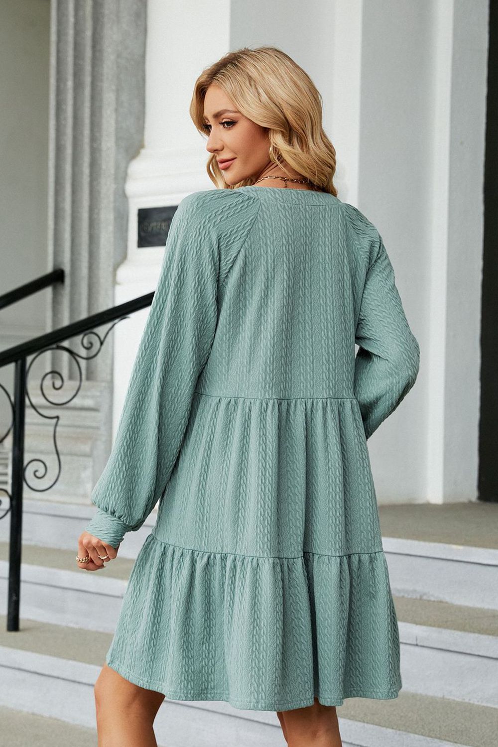 Notched Neck Long Sleeve Mini Dress (2)