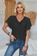 Eyelet Applique V-neck Cap Sleeve T-shirt (15)