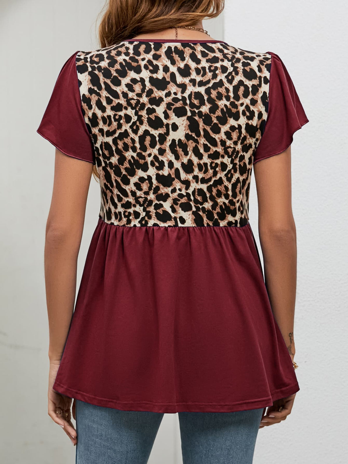 Leopard Round Neck Flutter Sleeve Babydoll Blouse (12)