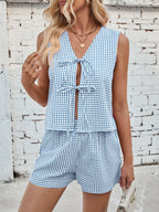 Gingham Print Tie Front Top Shorts Set (9)