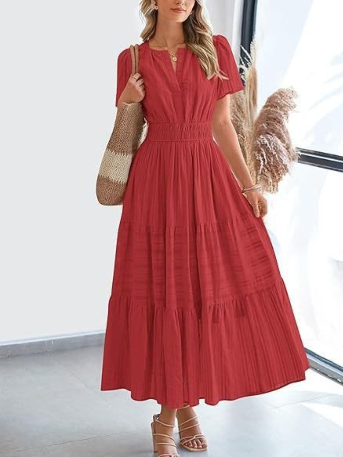 Notched Short Sleeve Tiered Dress (18)