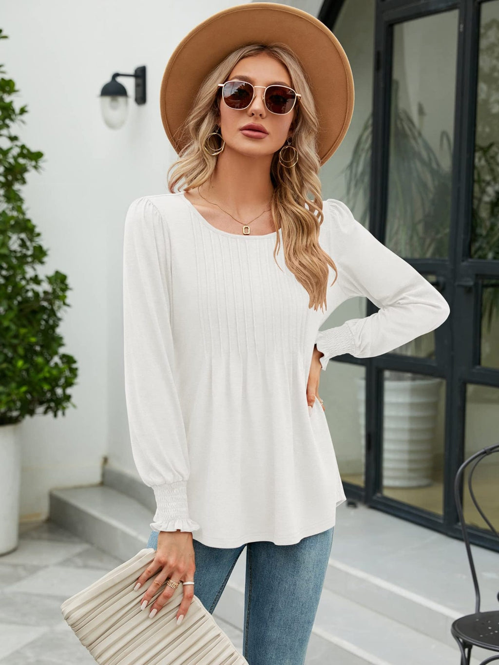 Smocked Round Neck Lantern Sleeve Blouse (17)