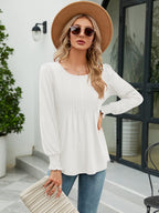 Smocked Round Neck Lantern Sleeve Blouse (17)