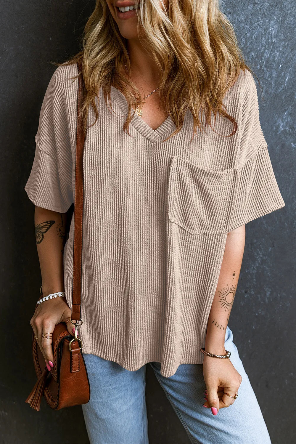 Textured V-neck Dropped Shoulder T-shirt (23)
