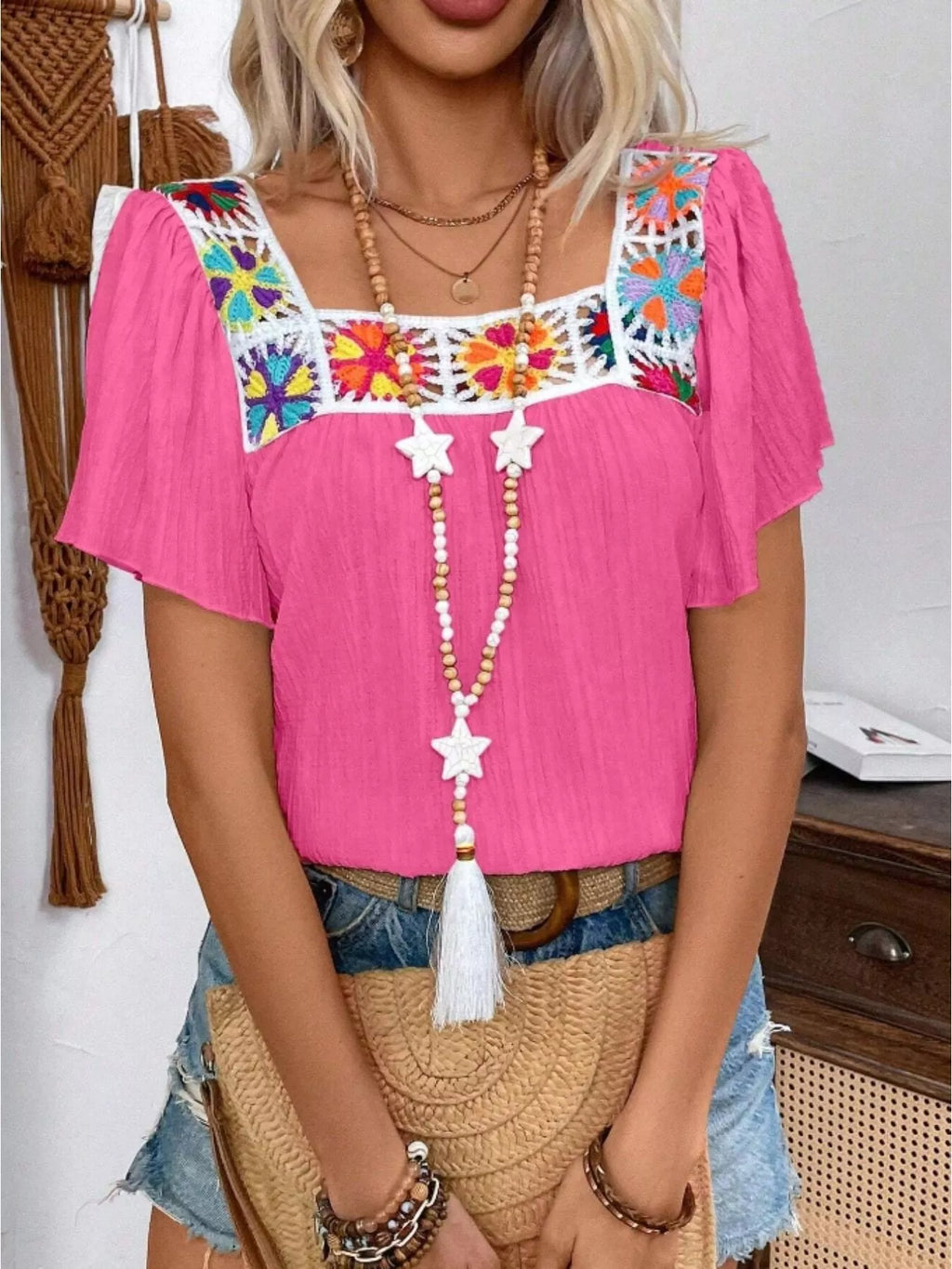 Embroidered Square Neck Flutter Sleeve Blouse (23)