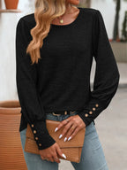 Decorative Button Round Neck Long Sleeve T-shirt (15)