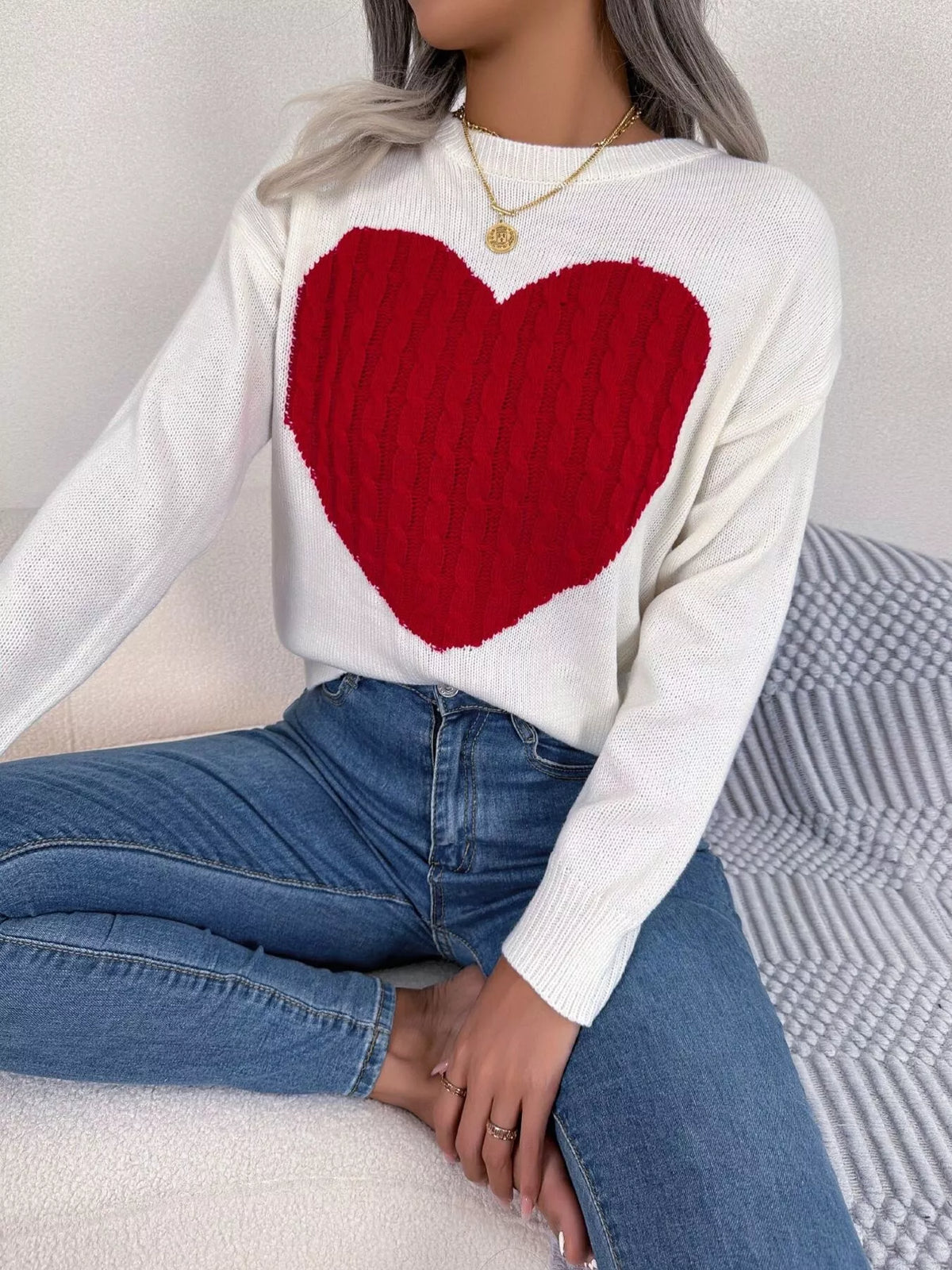 Cable Knit Heart Round Neck Sweater (15)