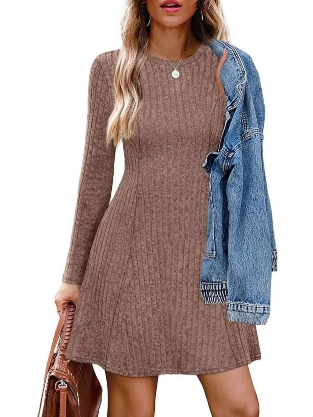 Ribbed Knit Long Sleeve A-line Dress (10)