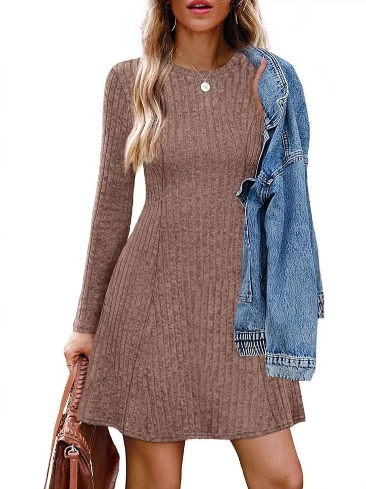 Ribbed Knit Long Sleeve A-line Dress (10)