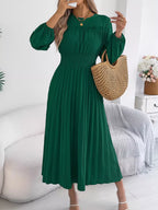 Smocked Pleated Long Sleeve Midi Dress (7)