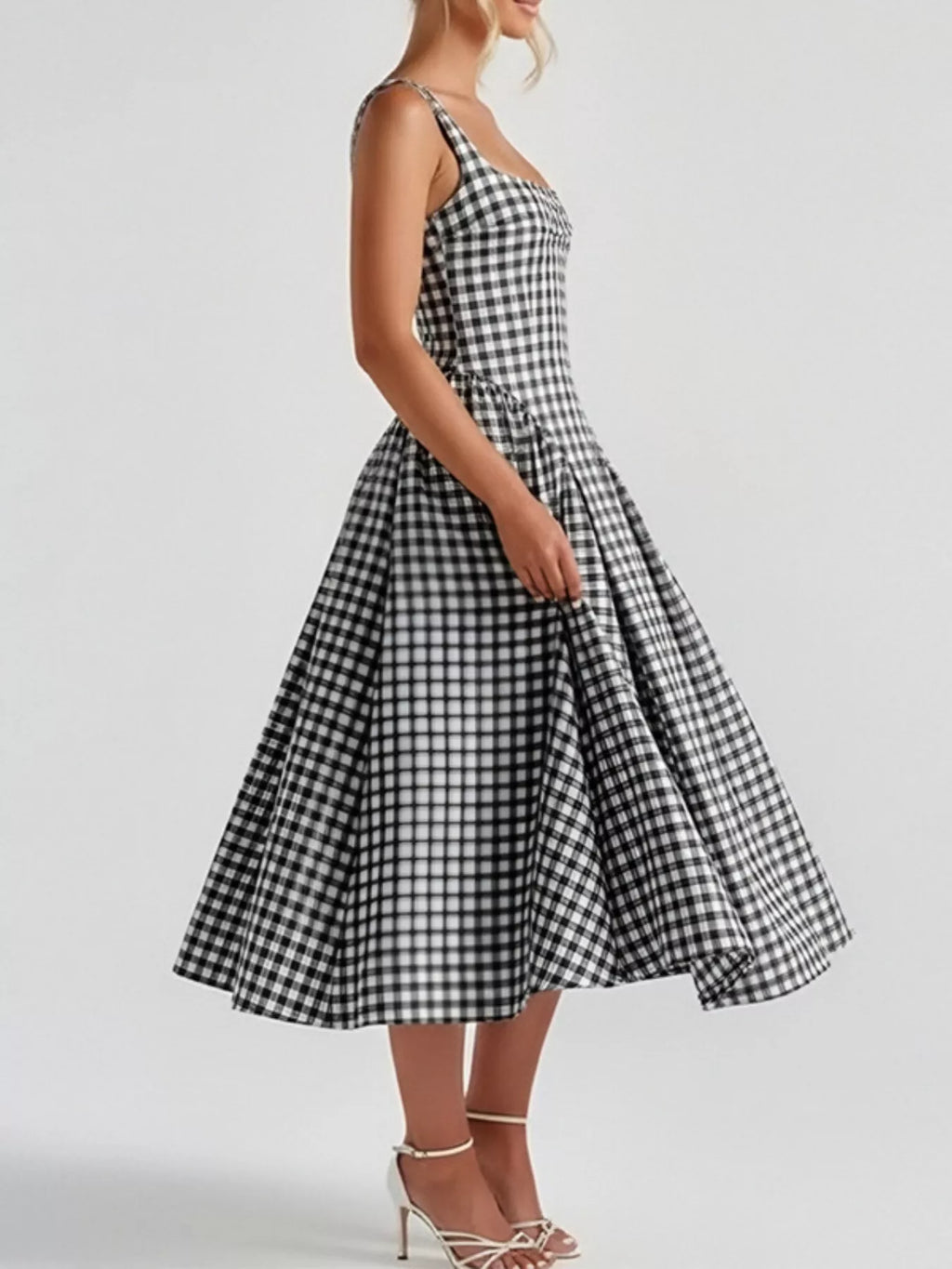 Full Size Plaid Square Neckline Midi Dress Plus (14)