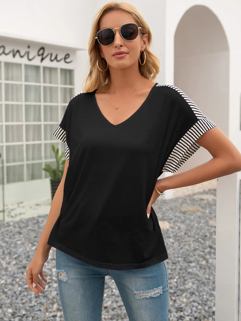 Striped V-neck Short Sleeve T-shirt