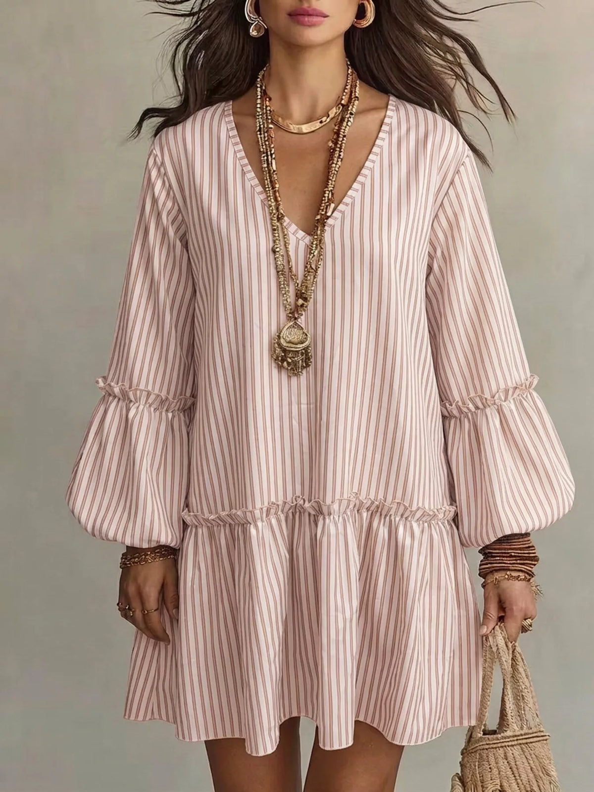 Full Size Striped Balloon Sleeve Mini Dress Plus