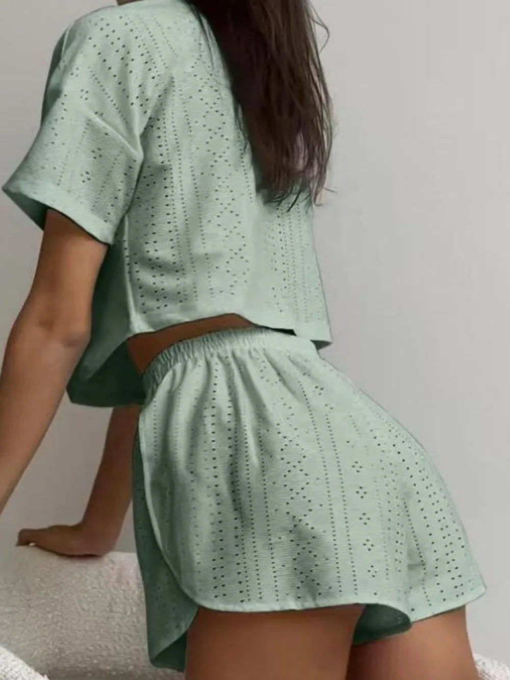 Eyelet Round Neck Top Shorts Set (12)