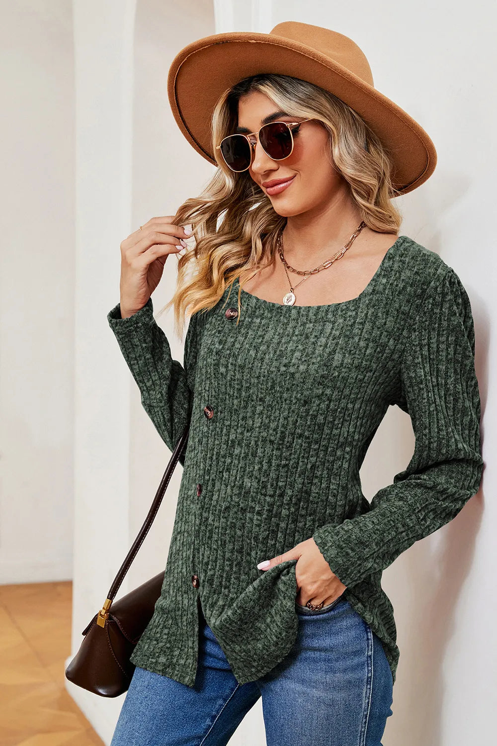 Decorative Button Square Neck T-shirt (2)