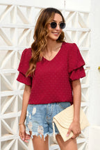 Swiss Dot V-neck Short Sleeve Blouse (5)