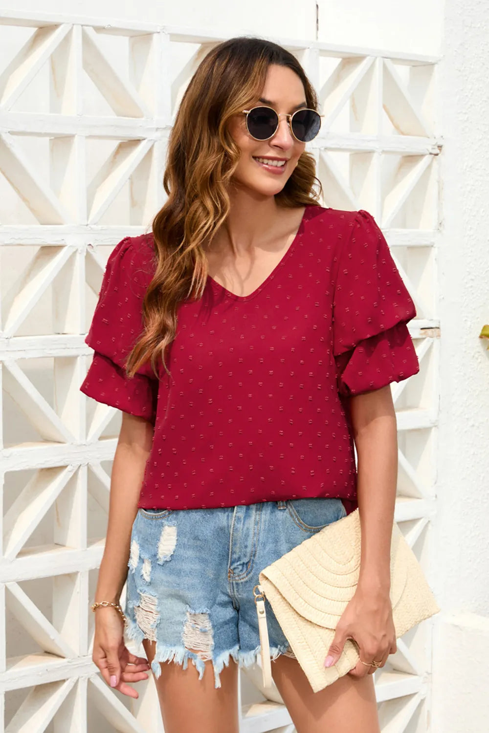 Swiss Dot V-neck Short Sleeve Blouse (5)