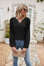 Eyelet Notched Neck Balloon Sleeve Blouse (11)