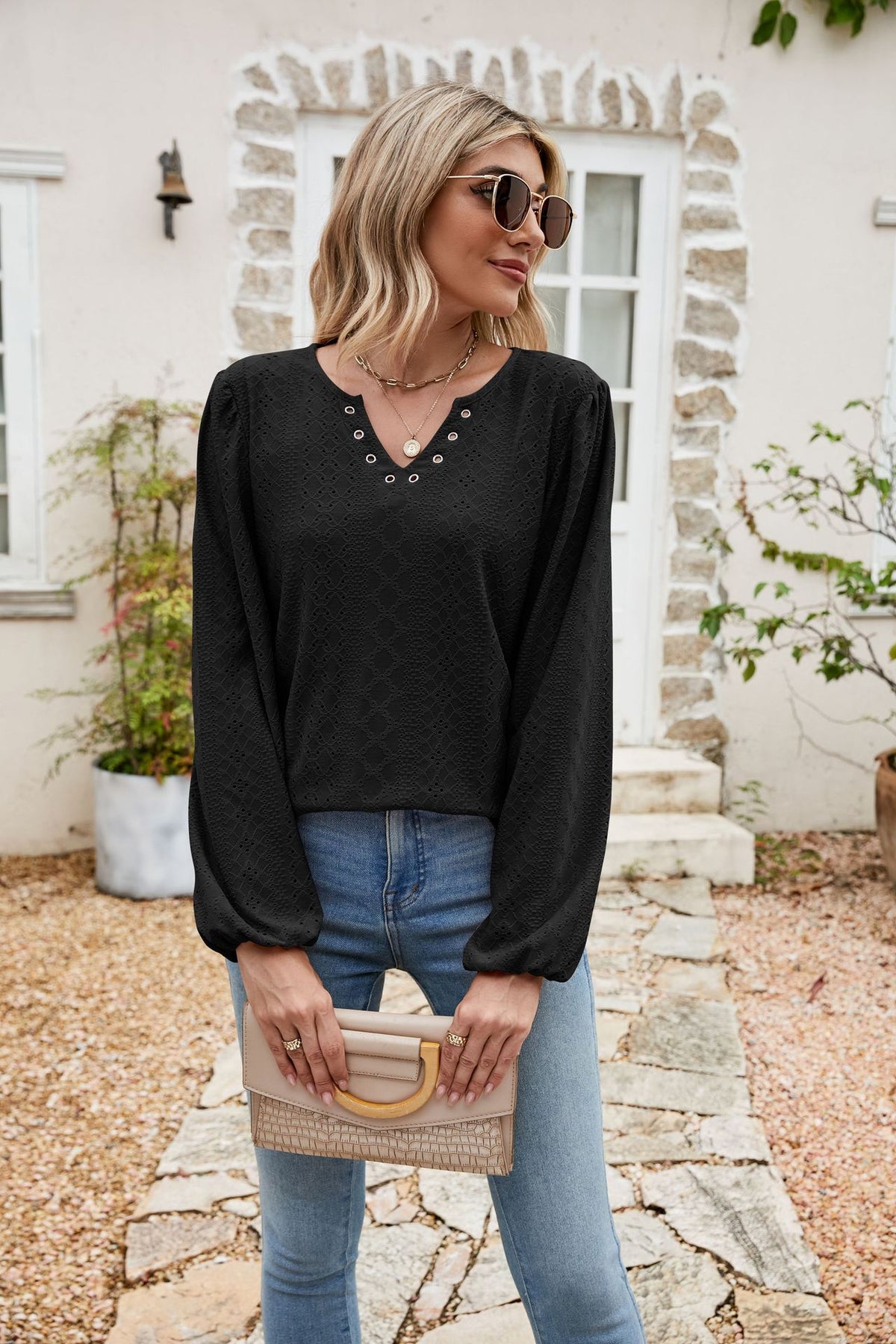 Eyelet Notched Neck Balloon Sleeve Blouse (11)