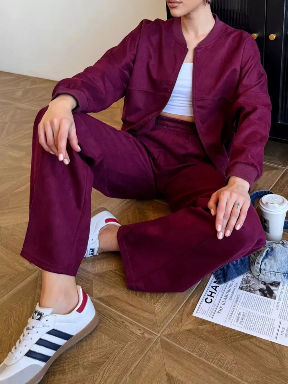 Zip Up Sweatshirt Wide-leg Pants Set (21)