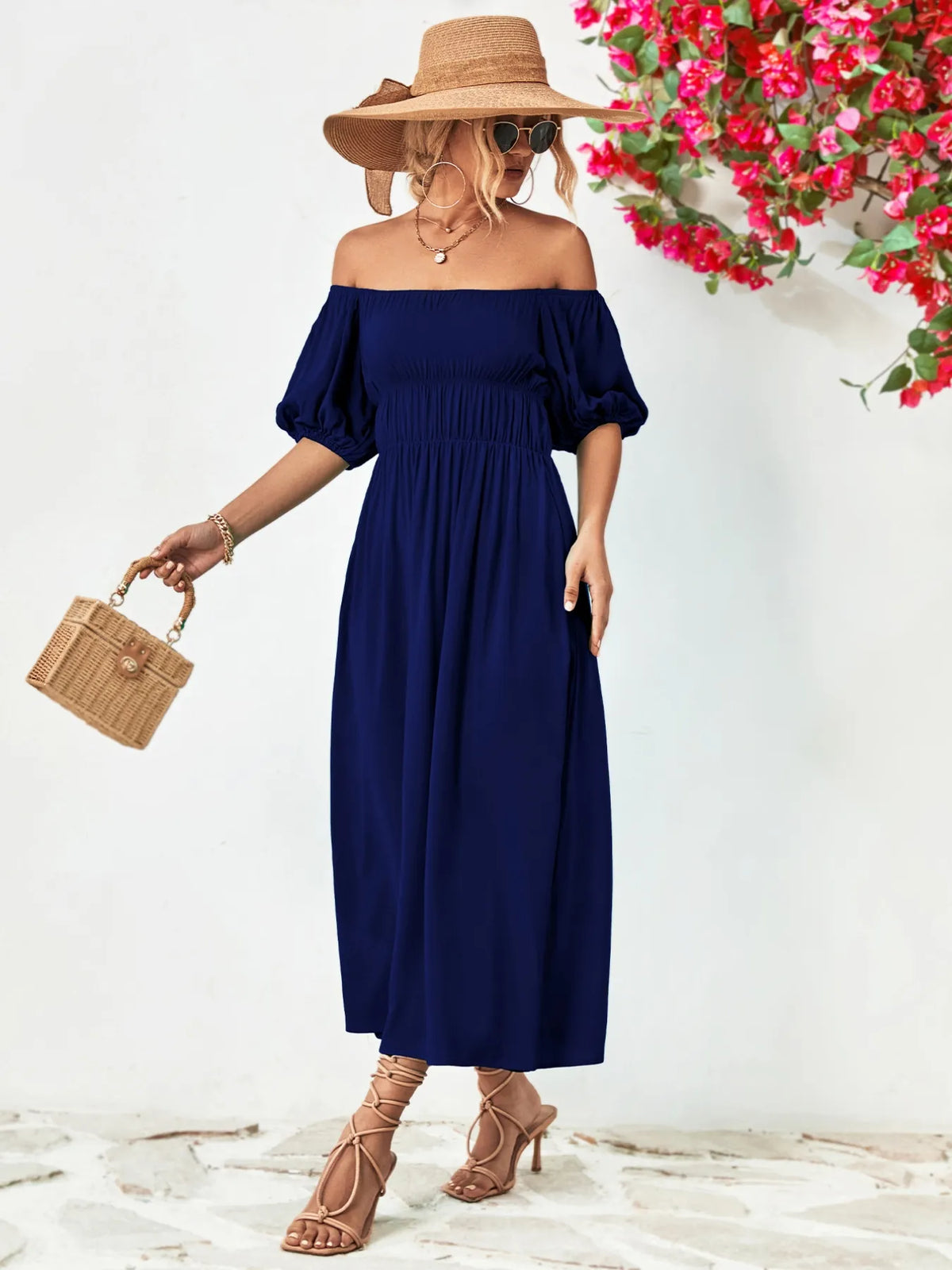 Off-shoulder Puff Sleeve Smocked Maxi Dress (16)