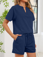 Notched Short Sleeve Top Shorts Set (28)
